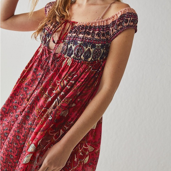 NEW Free People Bali Mariposa Slip Mini Dress In Strawberry Combo Red - Picture 12 of 13